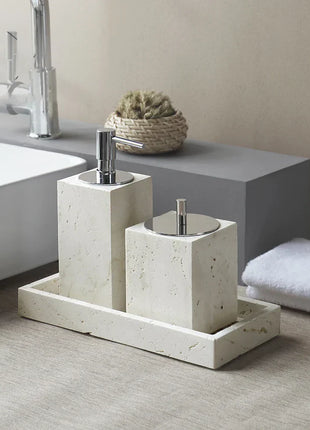DecorBites™ Beige Travertine Marble Bathroom Set - Soap Dispenser Toothbrush Holder Tissue Box