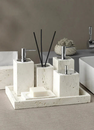 DecorBites™ Beige Travertine Marble Bathroom Set - Soap Dispenser Toothbrush Holder Tissue Box