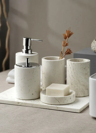 DecorBites™ Beige Travertine Marble Bathroom Set - Soap Dispenser Toothbrush Holder Tissue Box