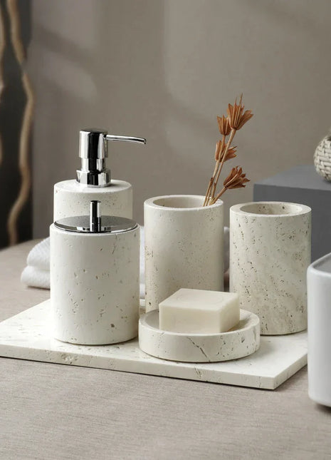 DecorBites™ Beige Travertine Marble Bathroom Set - Soap Dispenser Toothbrush Holder Tissue Box