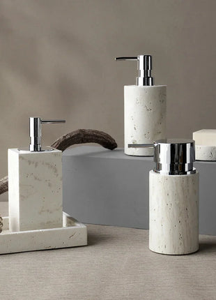 DecorBites™ Beige Travertine Marble Bathroom Set - Soap Dispenser Toothbrush Holder Tissue Box
