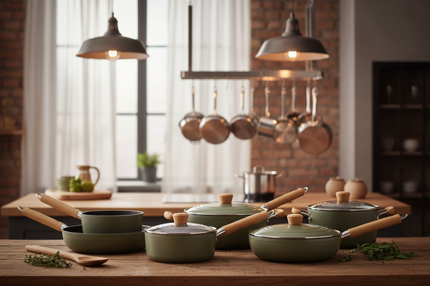 eco cookware, kitchen light on the bakcground