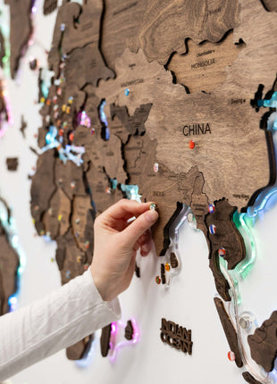 3D LED Wooden World Map – Dark Walnut Wall Art Decor