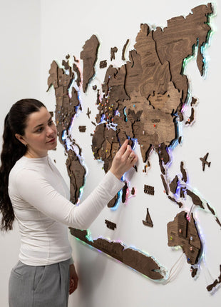 3D LED Wooden World Map – Dark Walnut Wall Art Decor
