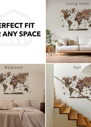 3D LED Wooden World Map – Dark Walnut Wall Art Decor