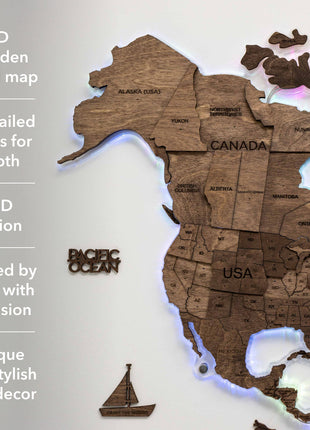 3D LED Wooden World Map – Dark Walnut Wall Art Decor