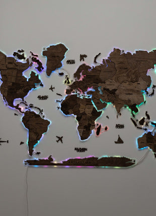 3D LED Wooden World Map – Dark Walnut Wall Art Decor