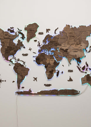 3D LED Wooden World Map – Dark Walnut Wall Art Decor