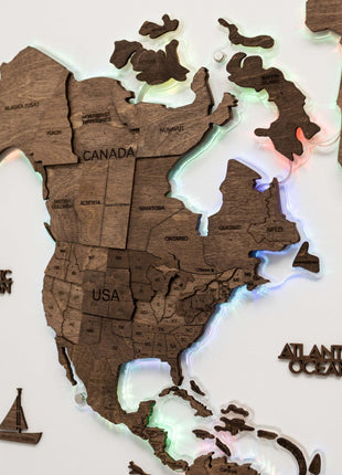 3D LED Wooden World Map – Dark Walnut Wall Art Decor