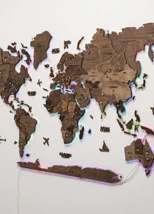 3D LED Wooden World Map – Dark Walnut Wall Art Decor