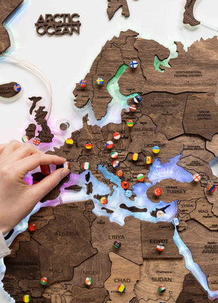 3D LED Wooden World Map – Dark Walnut Wall Art Decor