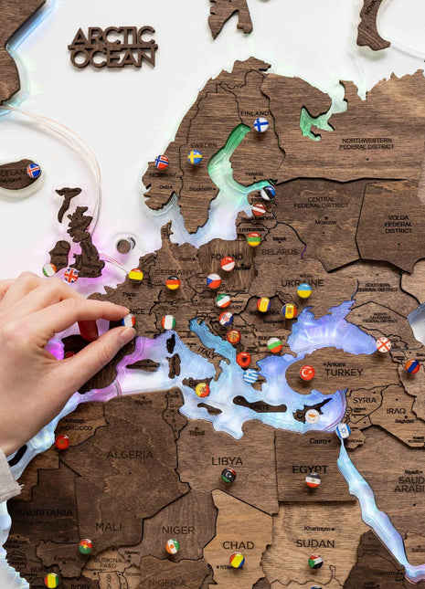 3D LED Wooden World Map – Dark Walnut Wall Art Decor