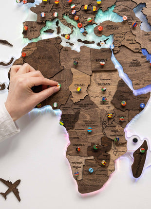 3D LED Wooden World Map – Dark Walnut Wall Art Decor