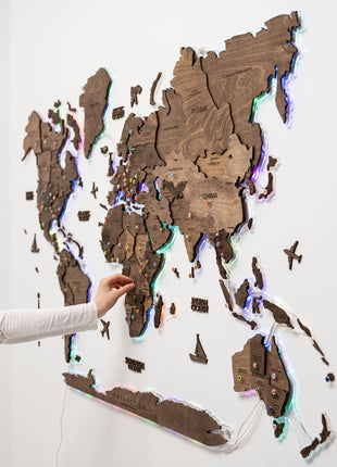 3D LED Wooden World Map – Dark Walnut Wall Art Decor