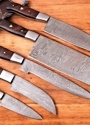 Handmade Damascus Kitchen Knives Set with Leather Roll