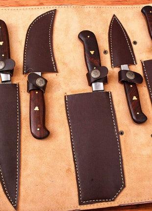 Handmade Damascus Kitchen Knives Set with Leather Roll