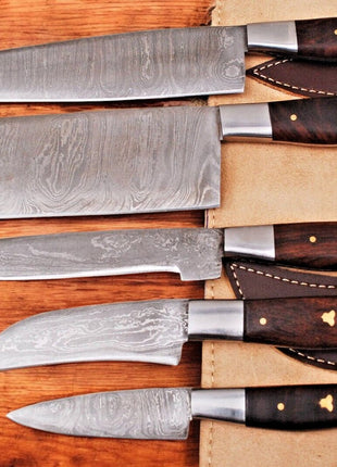 Handmade Damascus Kitchen Knives Set with Leather Roll