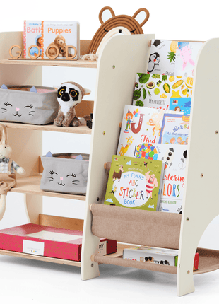 2-in-1 Wooden Montessori Shelves – Toddler Bookshelf & Toy Storage
