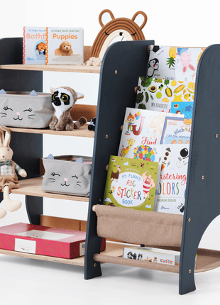 2-in-1 Wooden Montessori Shelves – Toddler Bookshelf & Toy Storage