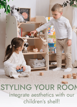 2-in-1 Wooden Montessori Shelves – Toddler Bookshelf & Toy Storage