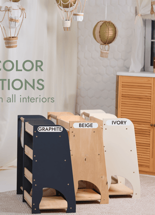 2-in-1 Wooden Montessori Shelves – Toddler Bookshelf & Toy Storage